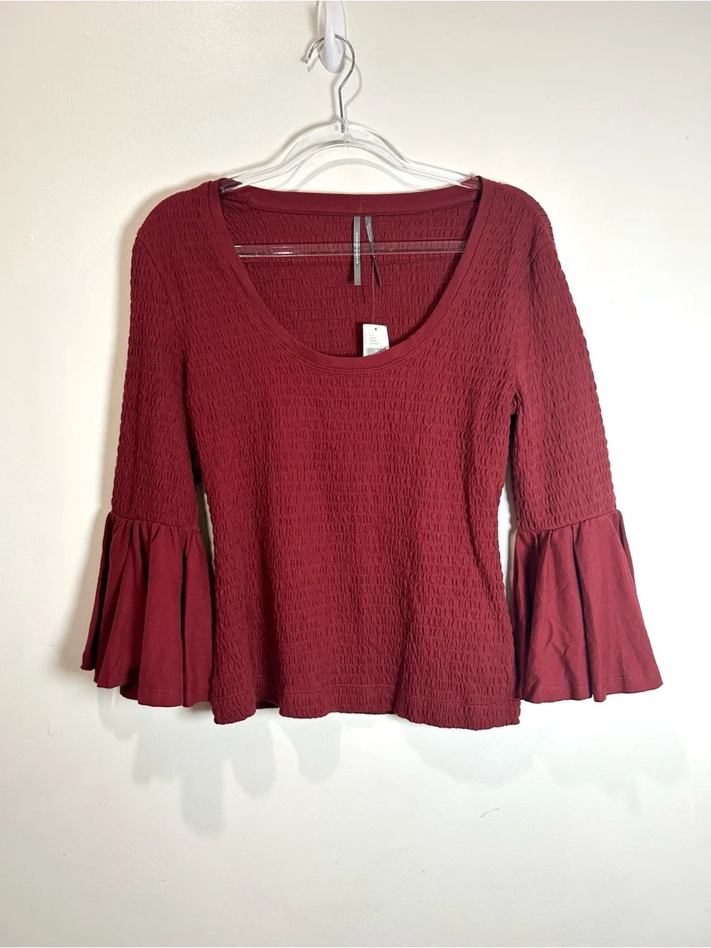 NEW By Anthropologie Blouse Top Smocked Bell Sleeve Red Sz Small Peasant Stretch